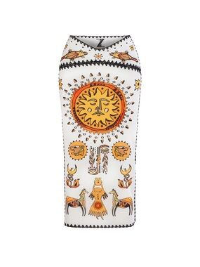 White Pencil Skirt with Yellow Sun Motif